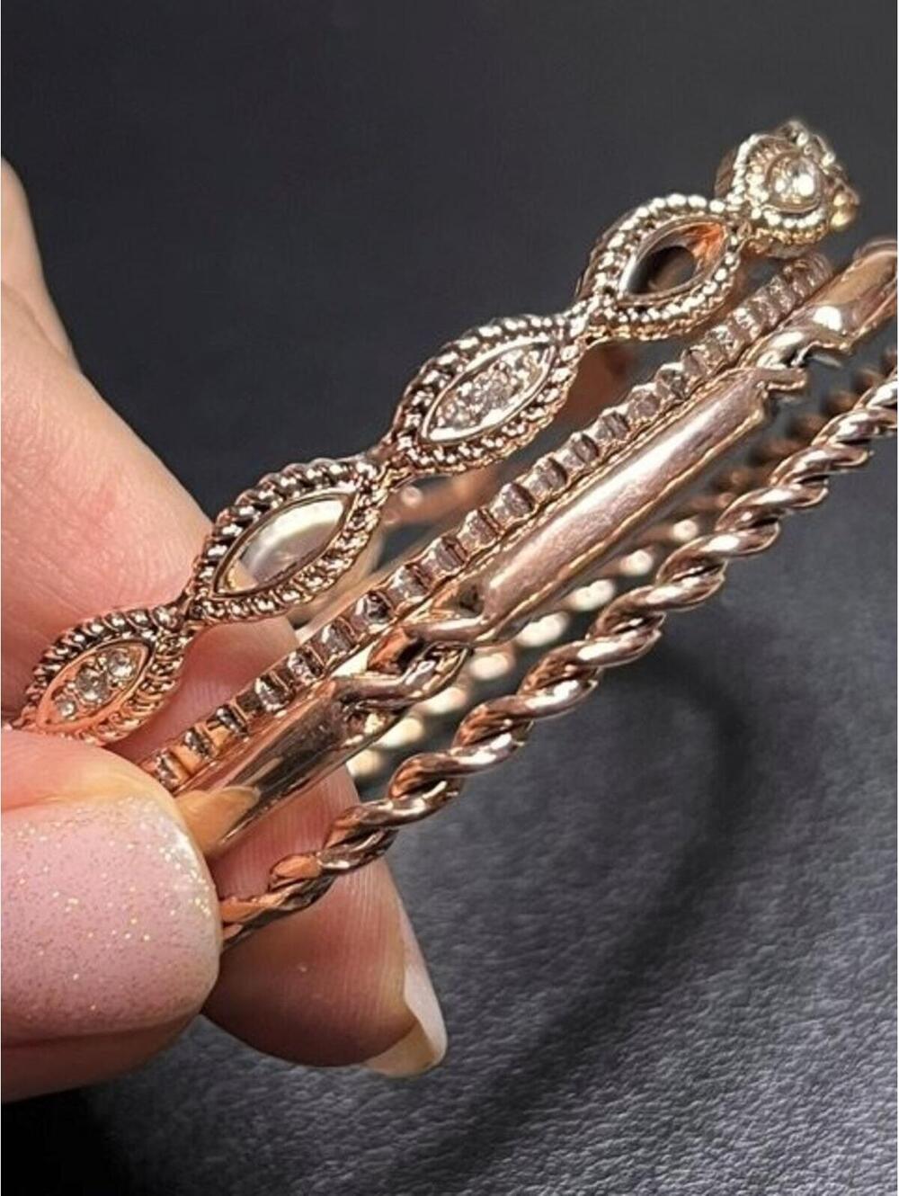 B5189 ANNE KLEIN Rose Gold Tone Stackable Bangle Bracelets Set Rhinestone 7.75"